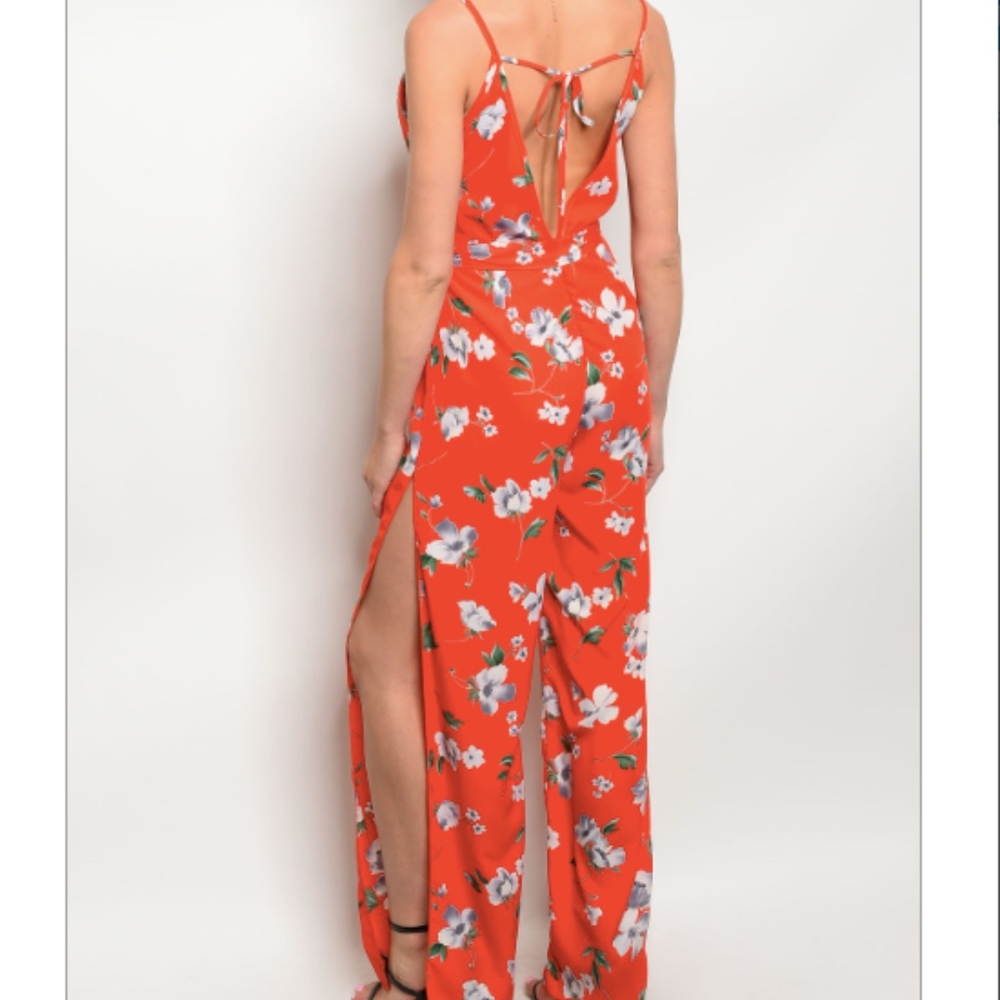 🆑: LAST 2 Red-Orange and White Floral Jumpsuit - Picture 2 of 2